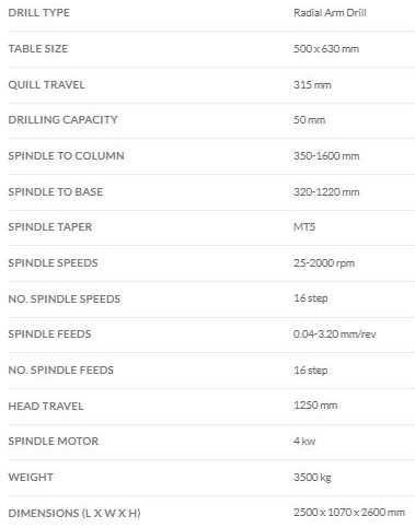 RD 50 x 1600c radial drill specs